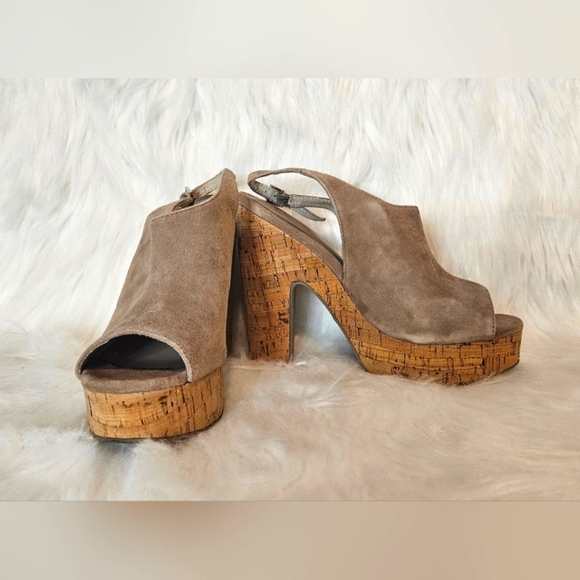 Gap Platform Mocha Suede Cork Slingback Open Toe Heels - Picture 1 of 8